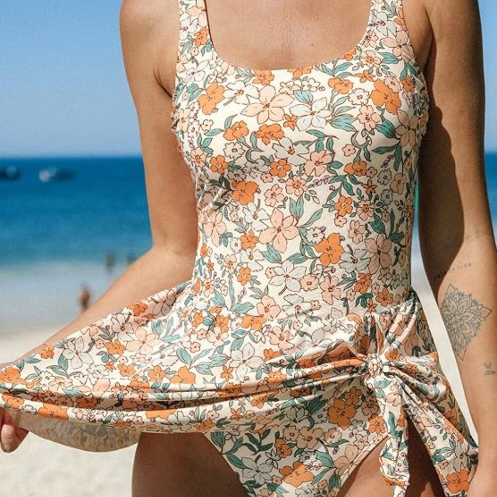 CUPSHE ORANGE DITSY FLORAL SCOOP NECK ONE PIECE SWIM DRESS SIZE MEDIUM NWT - Picture 2 of 4